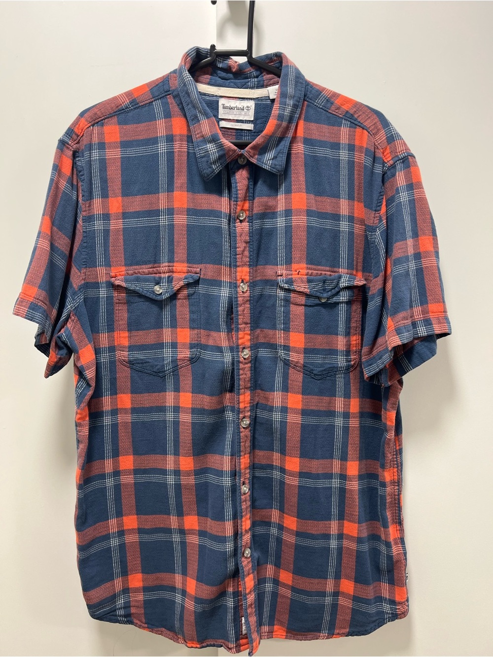 Timberland Men’s XL Slim Fit Plaid Short Sleeve Button Down Shirt Blue Orange